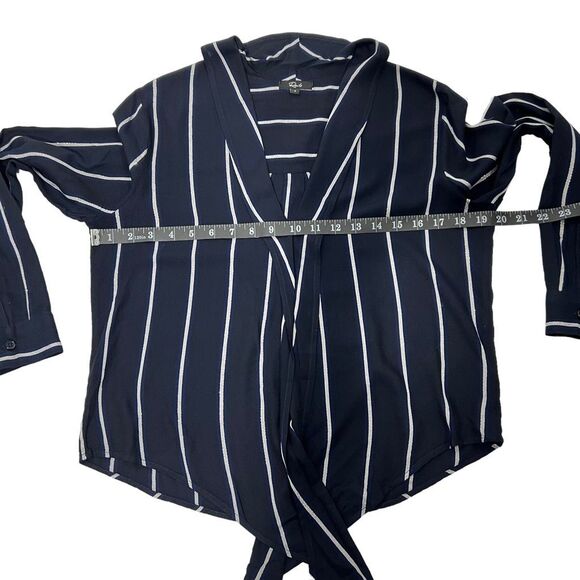 Rails Long Navy Blue & White Sleeve Blouse Sz Small Striped Ava ties in front - Picture 9 of 13